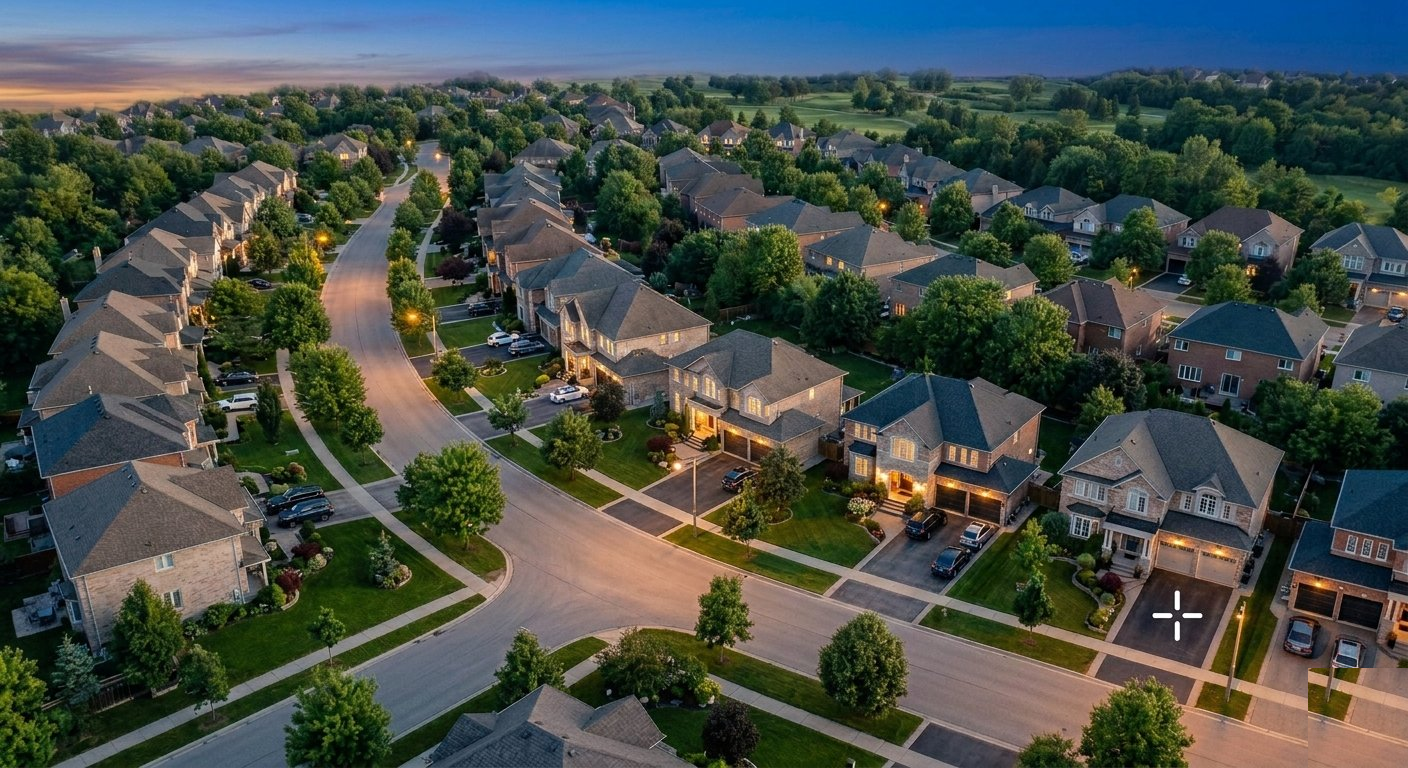 Aerial view of Markham residential neighbourhood at dusk